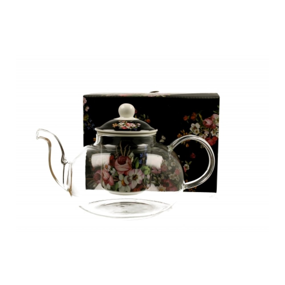 Ceainic de Sticla cu infuzor ceramic "Vintage Black Flowers" 1L