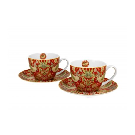 Set 2 Cescute cu Farfurie Colectia "William Morris - Strawberry Thief Red"