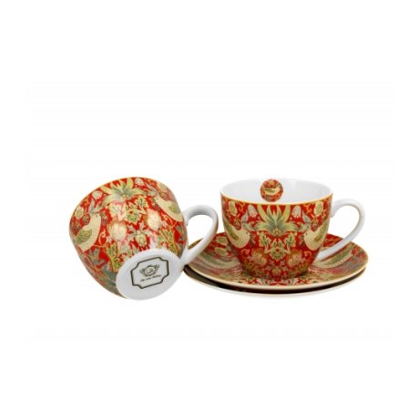 Set 2 Cescute cu Farfurie Colectia "William Morris - Strawberry Thief Red"