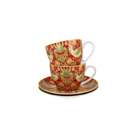 Set 2 Cescute cu Farfurie Colectia "William Morris - Strawberry Thief Red"