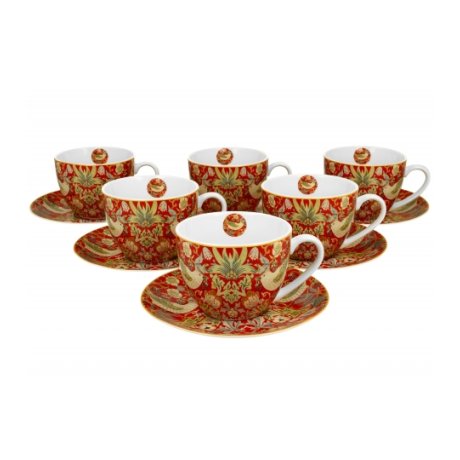 Set 6 Cescute cu Farfurie Colectia "William Morris - Strawberry Thief Red"
