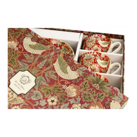 Set 6 Cescute cu Farfurie Colectia "William Morris - Strawberry Thief Red"